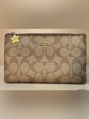 Coach Beige Brown Signature monogram credit card Zip Pouch wallet zip Star Charm